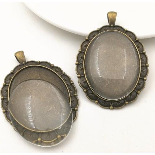 SIXTY TOWFISH 2 sets/lot 56*39mm Antique bronze Alloy Pendant Oval Cameo base Setting +30*40mm Clear Glass Cabochons Combination