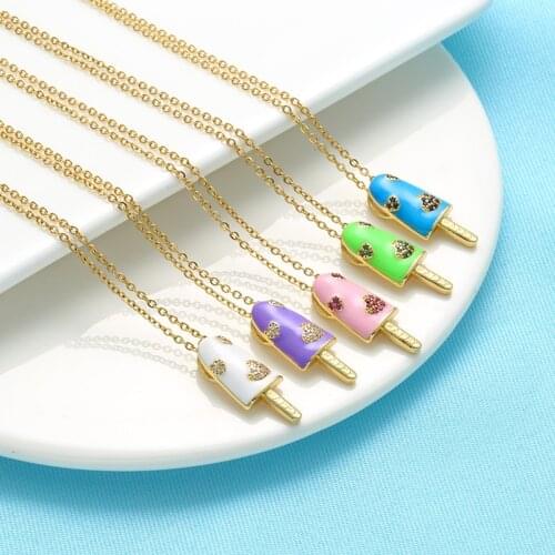 QMHJE Enamel ice cream Charm Pendant Necklace Women Choker Gold Chain CZ Paved Heart Neon Green Jewelry Necklaces Anniversary