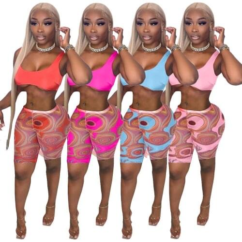 Sexy Two Piece Set Fashion Printed Sleeveless Backless Vest Biker Vacation Streetwear Shorts Matching Suit Women Summer