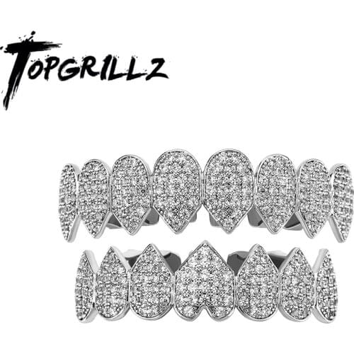 TOPGRILLZ 2021 New Iced Out CZ Teeth Grillz Set Top & Bottom 14K Gold Plated Hip Hop Rapper Jewelry Party Gift For Men Women