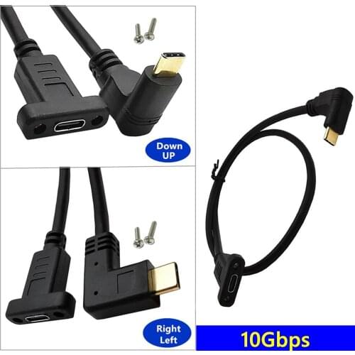 Gold plated USB C Type-C male to female extension data cable 90 degree right angle 16 + 1, panel mounting screw hole 10Gbps
