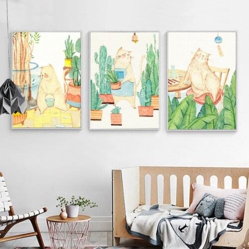 HAOCHU Japanese Courtyard Meow Cat Tropical Plant Canvas Poster Painting Modern Wall Picture Home Decoration