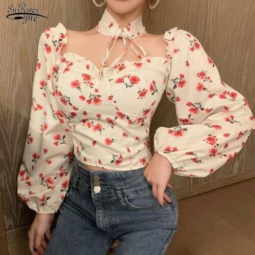 Long Sleeve Casual Floral Blouse Woman Korean Chic Sexy Slash Neck Print Chiffon Shirt Women Sweet Fashion Summer Tops New 14928