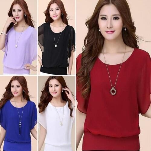 1PC New Summer Women Blouse Casual Loose O-Neck Chiffon Shirt Ruffle Batwing Short Shirt Female Short Sleeve Blouse Oversized