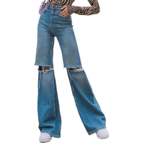 2021 Women Jeans Denim High Waist Button Up Loose Wide Leg Pocket High Street Fashion Ladies Chic Hole Trousers