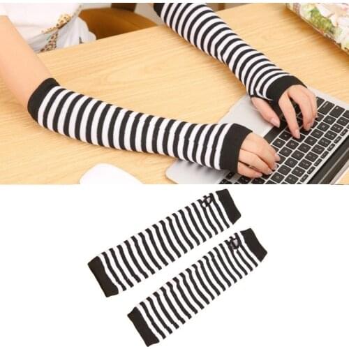 Lady Stretchy Soft Knitted Wrist Arm Warmer Long Sleeve Fingerless Gloves Striped TT@88