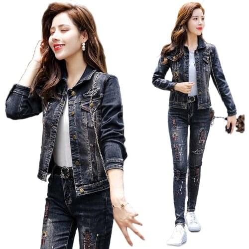 Two-piece denim jacket womens two-piece spring and autumn 2021 new fashion stretch jeans suit