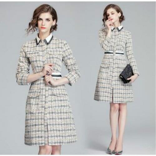 New design womens turn down collar long sleeve slim waist sashes tweed woolen houndstooth plaid grid a-line knee length dress