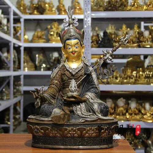 46CM huge large # Wholesale Buddha statues HOME Temple Silver plating India Tibet Padmasambhava Guru Rinpoche buddha brass art