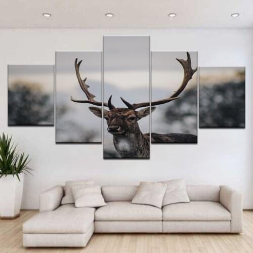 5 Panels Deer Canvas Prints Painting Elk Animal Wall Art 5 Panels Animal Picture Poster For Living Room Decor Artwork(No Frame)