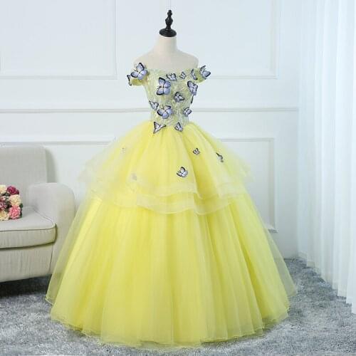 Freeship light yellow butterfly embroidery ball gown princess cosplay medieval dress/dance/stage performance/solo gown