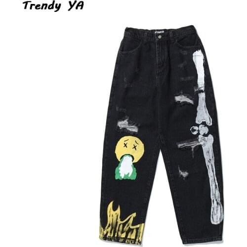 Retro Graffiti Skull Smiley Hip Hop Pants Fashion Loose Rock Jeans with Holes Casual Bottoms 100% Cotton Straight Cartoon Denim
