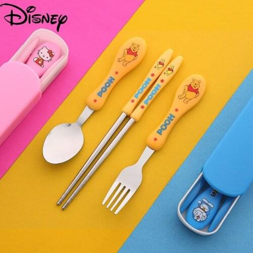 Disney Portable Childrens Cartoon Stainless Steel Tableware Pooh Three-piece Cutlery Spoon Fork Chopsticks Travel Cutlery
