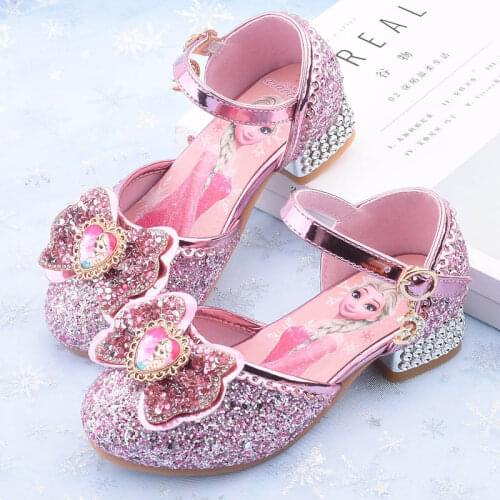 Disney Girls Single Shoes Frozen Crystal Shoes Elsa Princess Shoes New Leather Shoes Childrens High Heels Performance Shoes