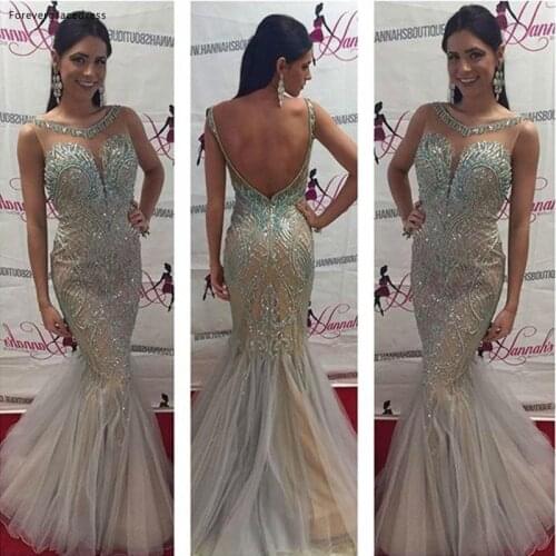Mermaid Beaded Long Prom Dress Sheer Neck Backless Formal Tulle Party Event Gown Plus Size Custom Made