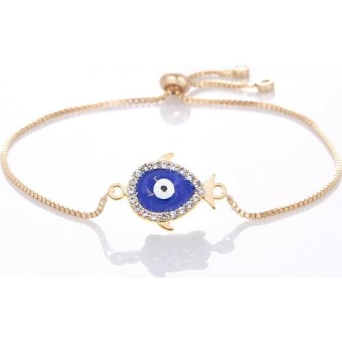 Fashion Turkey Gold Evil Eye Fish Bracelet Enamel Blue Eye Gold Chain Bracelet Adjustable Female Party Jewelry Gift
