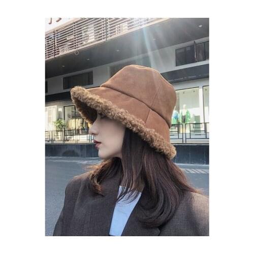 New Style Womens Hat Autumn and Winter Lamb Plush Soft Warm Fisherman Hat Panama Casual Hat Ladies Flat Bottom Korean Style