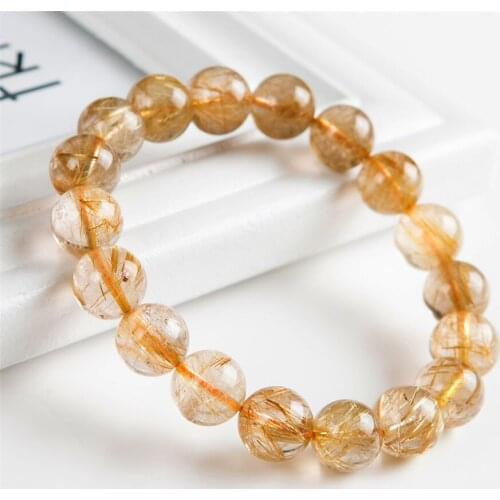 Genuine Yellow Gold Natural Rutilated Quartz Bracelet Women Lady Man Stretch Crystal Round Bead Bracelets 12mm Drop Shipping