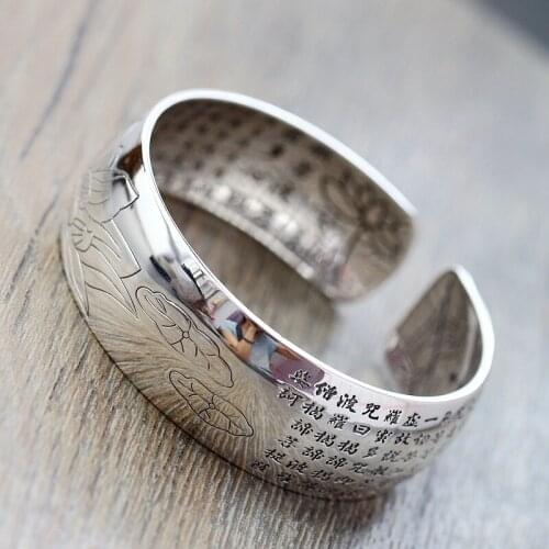 Retro Silver Jewelry Wholesale S990 Sterling Silver Bangle Quan Yin Bodhisattva Heart Bangle Full Silver Wide Women Bangle