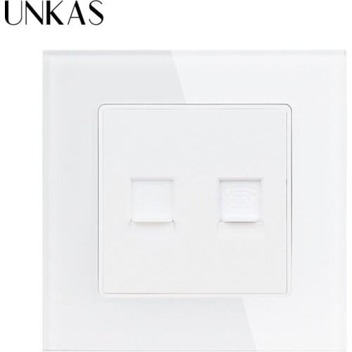 UNKAS White Computer Outlet Socket Luxury Crystal Glass Panel 1 Gang RJ11 Telephone With RJ45 Internet Jack CAT6 Connector