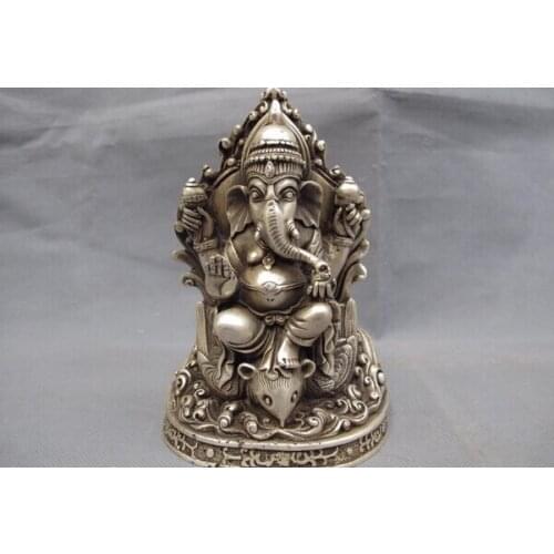 Tibet Buddhism Temple White Copper Silver Ganapati Elephant God of wealth Statue 14.5cm