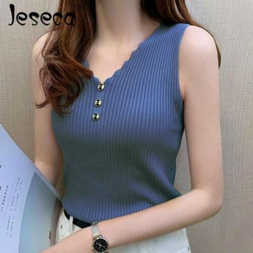 Jeseca New Sexy Women Tank Top Knitted Ice Silk V-neck Elegant Vest Plus Size Bottom Shirt Summer Wear Female Tops Cloth