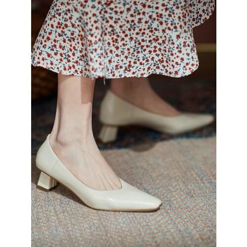 EshtonShero High Heels Pumps Women Square Toe Footwear Cow Leather Shoes Female Fashion Slip On Shoes Woman Spring