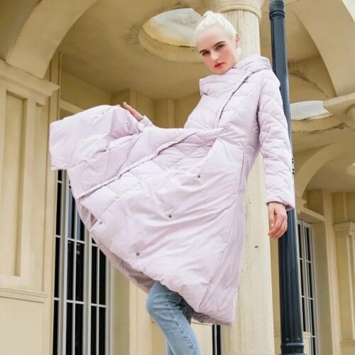 S-2XL 90% goose down coat fashion brand hooded Asymmetric long down jacket female zipper with buttons thicker warm coat wj2714