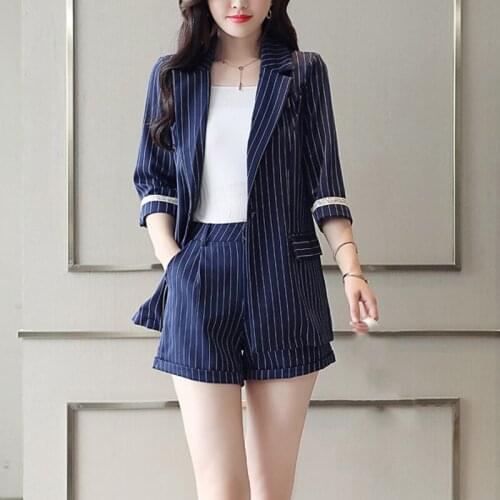 Two-piece Blazer Women Set Single Breasted Striped Casual Female Blazer Shorts Suits Elegant Office Ladies Blazers Sets