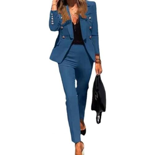 Women Slim Suit Set Solid Color Fake Flap Pockets Two-piece Lapel Buttons Blazer Pencil Pants for Wedding Office Blazer Suit