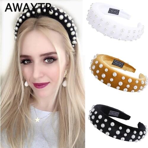 AWAYTR Pearls Padded Hairband Headband for Women Elegant Hair Band Hoop Sponge Head Bands Winter Hair Accessories