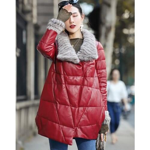 100% Real Sheepskin Coat Female Mink Fur Collar Down Jackets Winter Women Genuine Leather Jacket Chaqueta Mujer