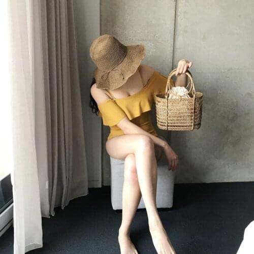 Korean Womens One Piece Swimsuit Orange Halter Ruffled Bandeau Push Up Steel-free Sling Beach Bathing Suit