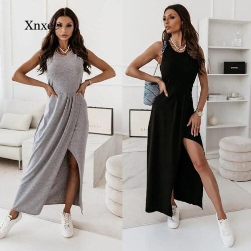 2021 Summer Womens Irregular Dress Fashion Sexy Sleeve Length Solid Color Casual Dress Hem Slit Sleeveless Long Casual Dress