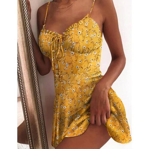 Summer Hot Sexy Female Adjustable Spaghetti Straps Chest String Dandelion Print Mini Bodycon Dresses for Women 2021