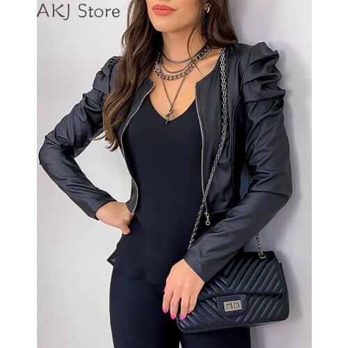 Women Puff Sleeve PU Leather Zipper Front Slim Coat