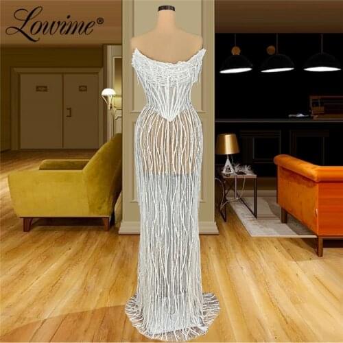 Lowime Ivory Beading Strapless Elegant Party Dresses 2021 Mermaid Evening Gowns Arabic Dubai Long Prom Dress Robe De Soiree
