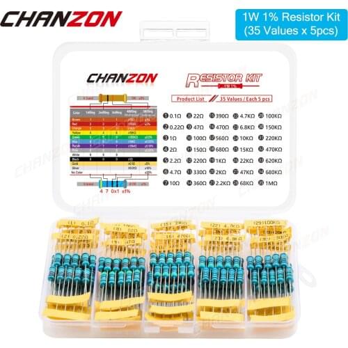 175pcs (35 Values x 5pcs) 1W 1% Metal Film Resistors Set 0.1ohm - 1M ohm 1Watt High Precision MF Fixed Resistance Kit Assortment