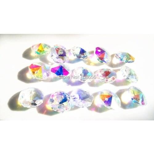 200pcs 14MM CLEAR AB COLOR CRYSTAL OCTAGONAL LOOSE BEADS IN 1 HOLE COLORED CHANDELIER PRISMS FREE SHIPPING