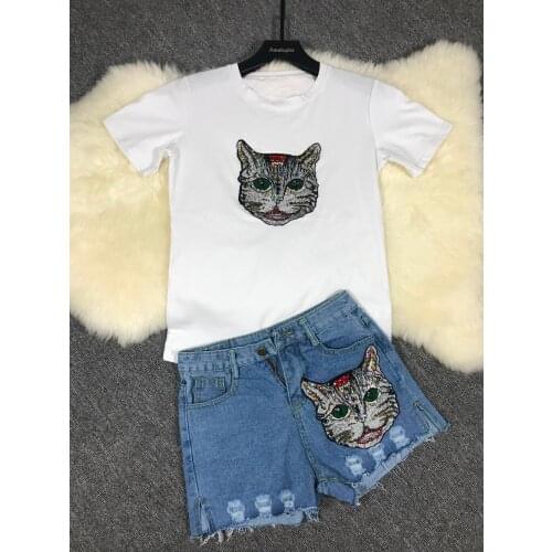 Amolapha Women Fashion Cat T Shirts+Jeans Suits Cartoon Handmade Embroidery Woman Diamonds Tshirt Short Denim Pants Sets