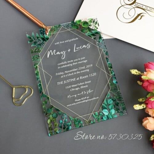 Free Shipping Laser Cut Acrylic Shapes Custom Acrylic Wedding Invitation Transparent Invitation Eucalyptus Design Wedding Cards