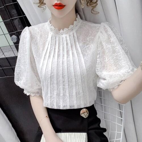Blusas Mujer Women Lace Flowers Mesh 2021 Summer New Korean Shirt Short Sleeve Top Lantern Shorts sleeve Lace Shirt Womens 531G