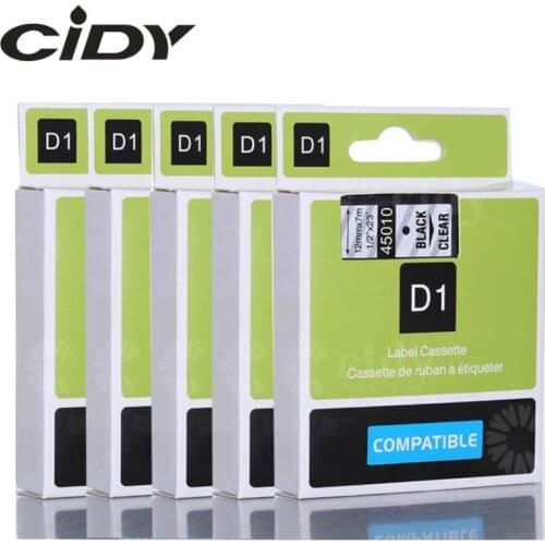 Cidy 5pcs Compatible Dymo Labelmanager 12mm D1 Black on Clear 45010 Label Tape Cartridges for DYMO LM160 LM280 PNP