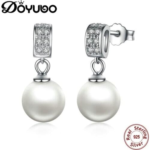 DOYUBO Elegant Womens 925 Sterling Silver Drop Earrings With 9MM Simulated Pearl Lady Fashion Silver Pearl Earrings AFF001