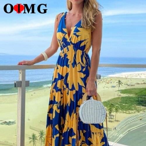 OIMG Boho Maxi Dress Elegant Women V-Neck Sleeveless Slip Long Dresses Floral Print Strap Folds Patchwork Casual Sundress 10287