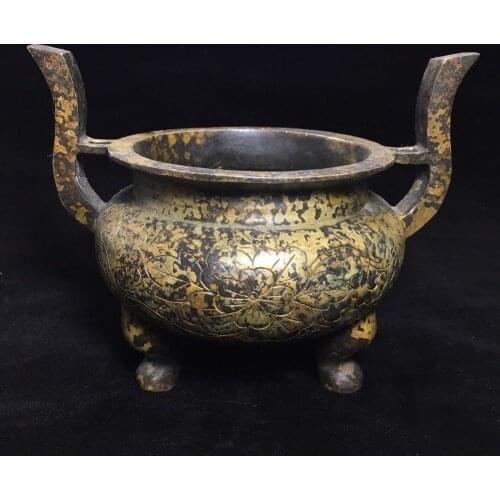 Collection Chinese Old Copper Carved Flower Moire Binaural Three-legged Incense Burner (Bottom Daming Xuande)
