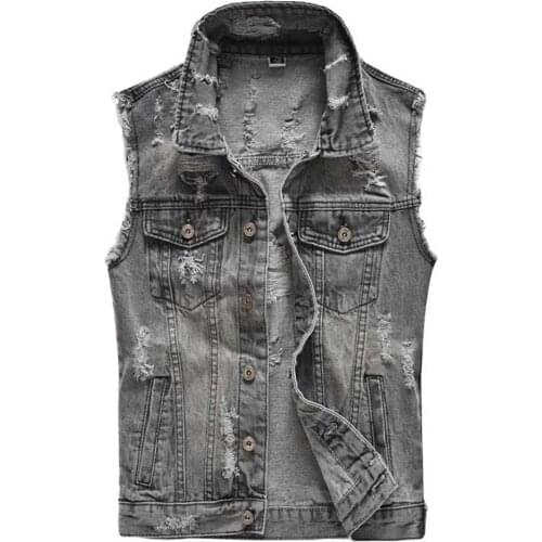Fashion Men Casual Gray Denim Vest Plus Size Disteessed Ripped Slim Fit Streetwear Waistcoat Sleeveless Jacket Male Clothing