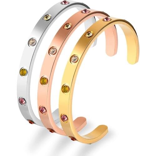 Trendy Luxury Brand Lover Bangles & Bracelets For Women Sliver Gold Color Open Charm Colored Brick Crystal Bangles Adjustable