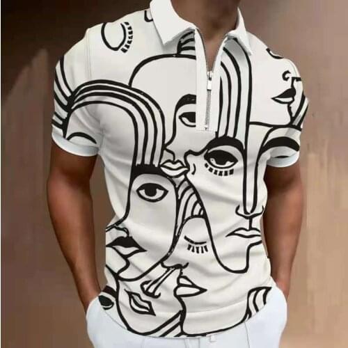 Mens Polo Shirt Fashion Patchwork Overalls Street Wear Casual Print Zipper Business Casual Retro Tops