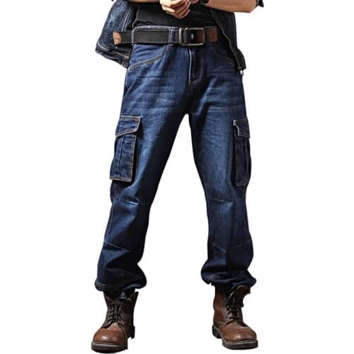 Mcikkny Mens Casual Baggy Jeans Pants Multi-pockets Workwear Motorcycle Cargo Denim Trousers Biker Tactical Jeans For Male